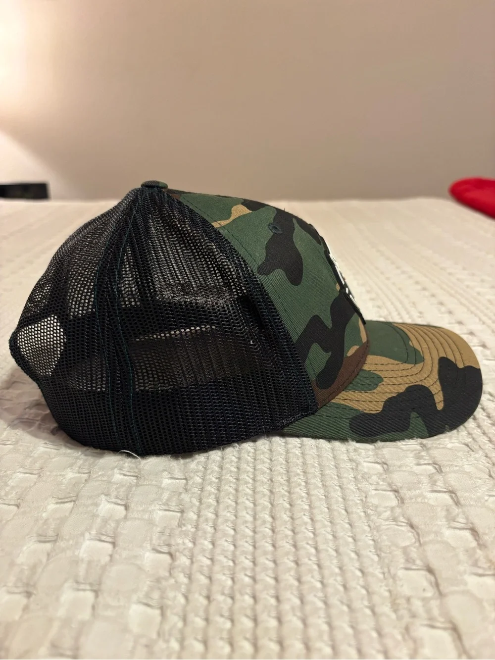 Project Savior Camo Trucker Hat with Heart Hand Patch - Green Camouflage